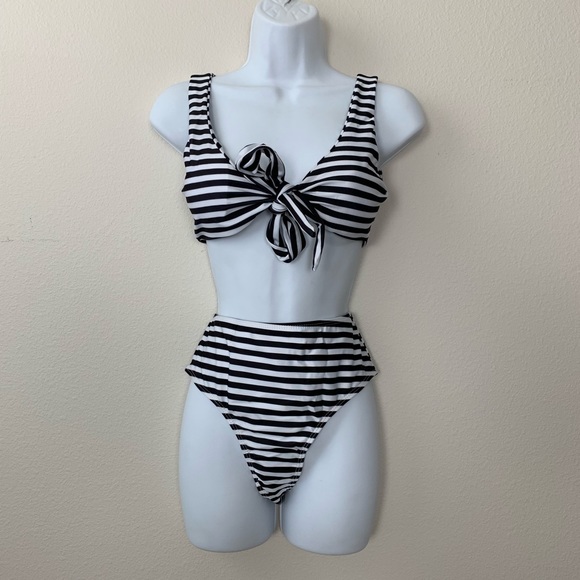 High Waist Black White Stripe Bikini - Picture 3 of 7